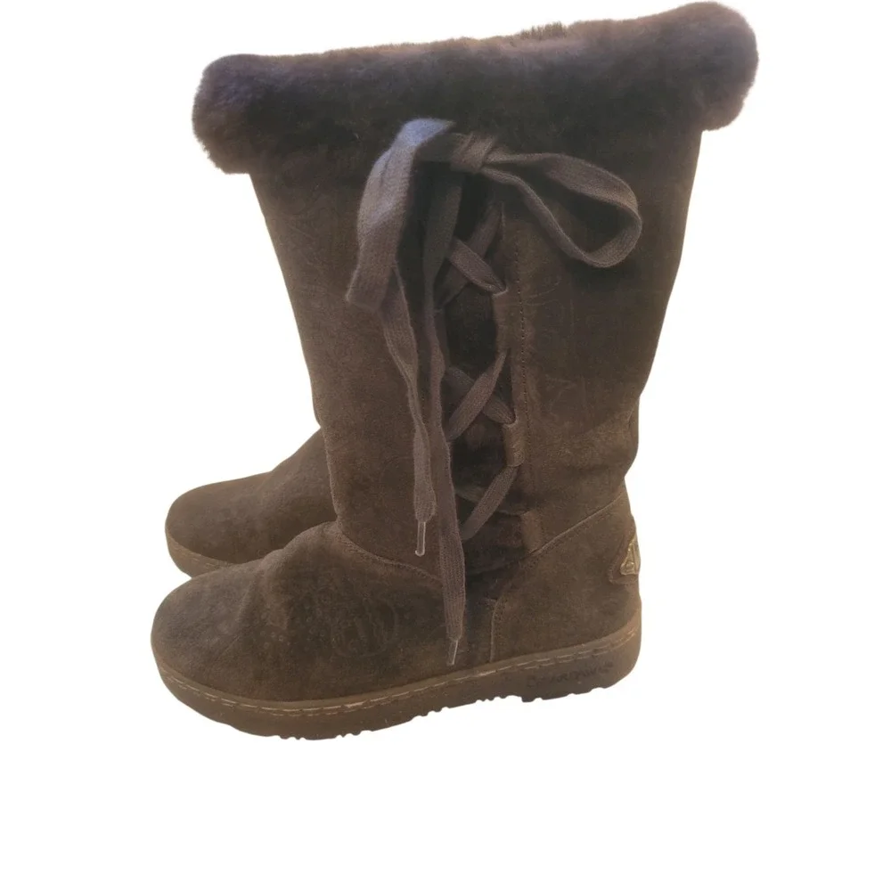 Bearpaw Boots Womens 8 Bristol Tooled Shearling Brown Suede Pull On Mid-Calf‎